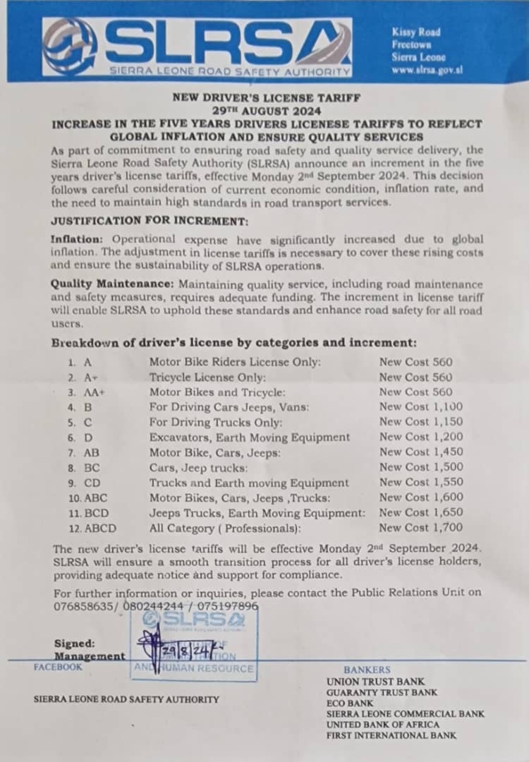 SLRSA Announces New Driver's License Tariffs | Sierra Leone Monitor